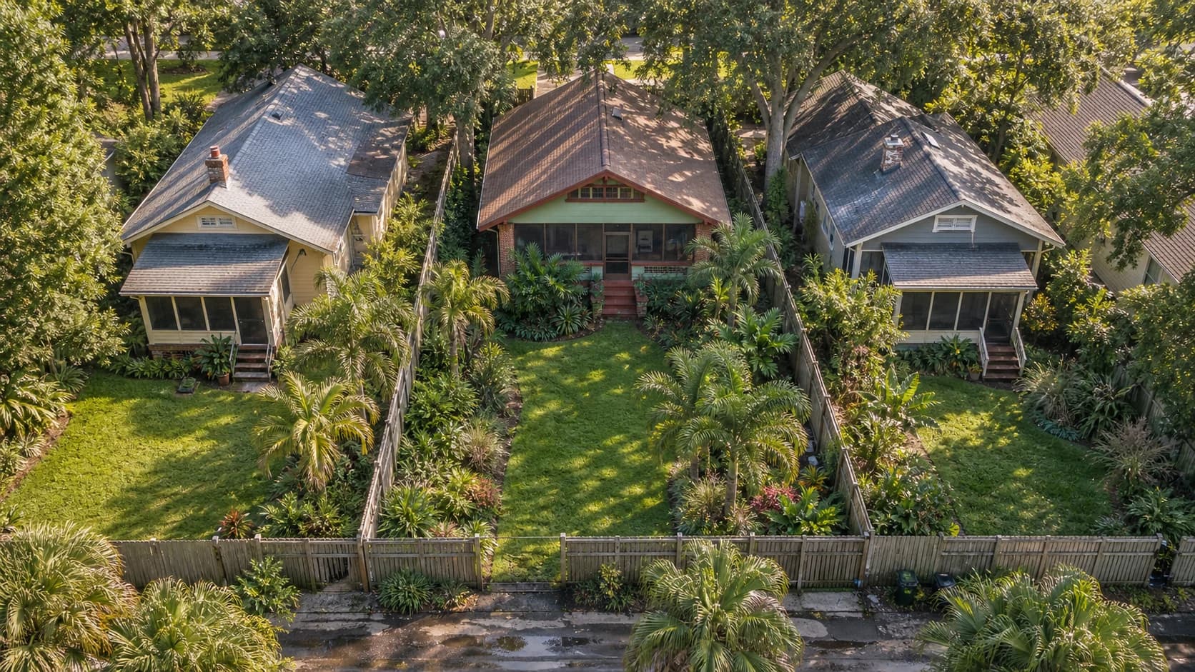 Aerial illustration of a Historic Kenwood bungalow and its landscaped backyard